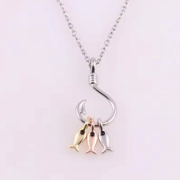 925 Sterling Silver Boho Minimalist Tri Metal Color Fish On A Hook Necklace - Picture 4 of 11